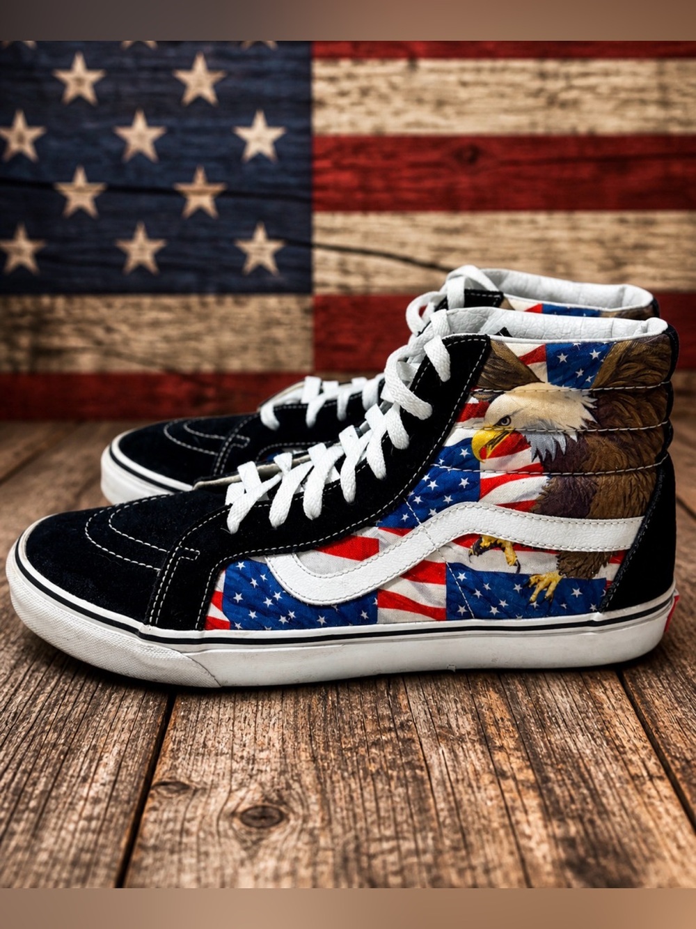 Vans Sk8-Hi Mens 12 Black American Flag Eagle Freedom USA High Top Shoes CLEAN